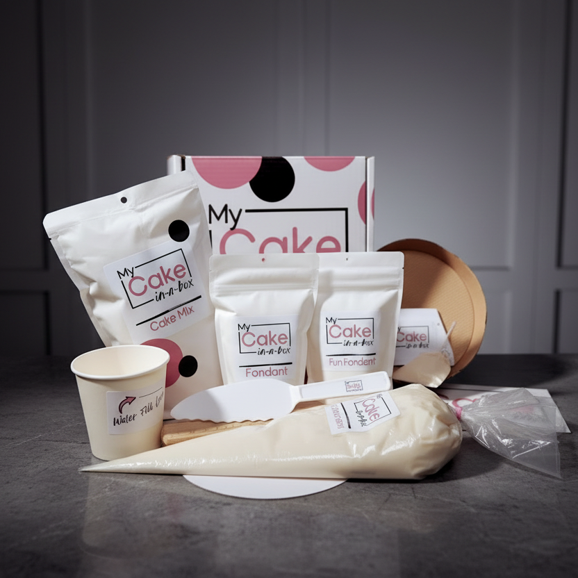 Collection of 'My Cake-in-a-Box' branded packaging and baking supplies on a dark surface.