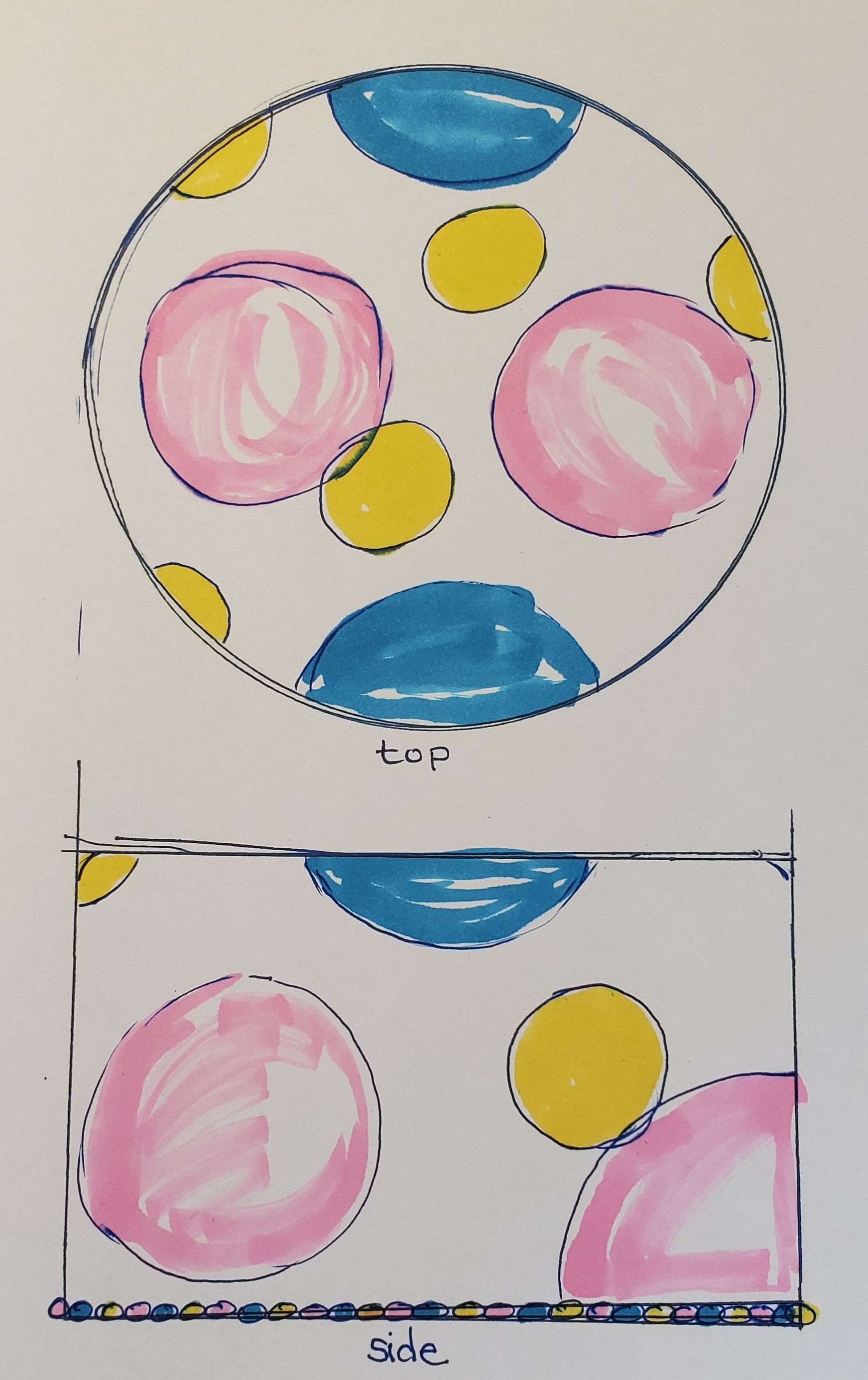 Colorful drawing of a cake top and side with pink, yellow, and blue colors on a white background.